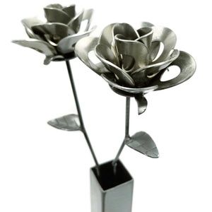 Two Scrap Metal Art Welded Steel Roses and Vase